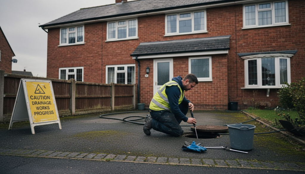 Drainage engineer jetting blocked drain outside UK home