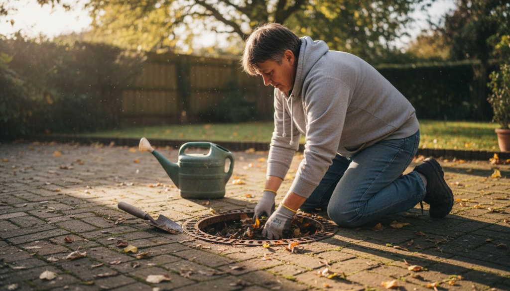 Homeowner clearing leaves from outdoor drain