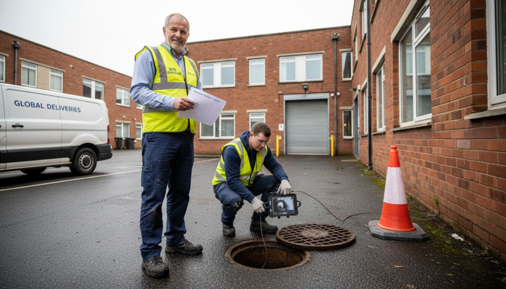Facilities manager overseeing office drainage inspection