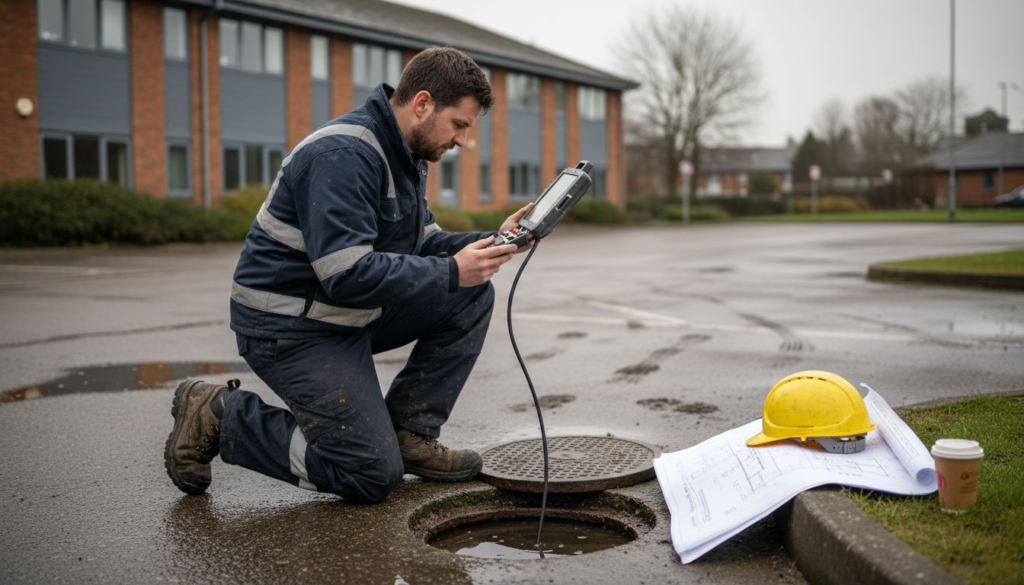 Drainage engineer conducting car park inspection