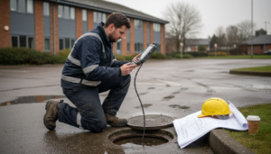 Drainage engineer conducting car park inspection