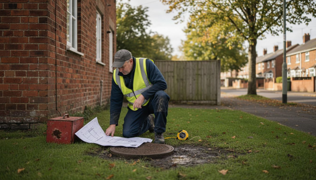 Drainage specialist checking house drainage plans