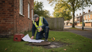 Drainage specialist checking house drainage plans