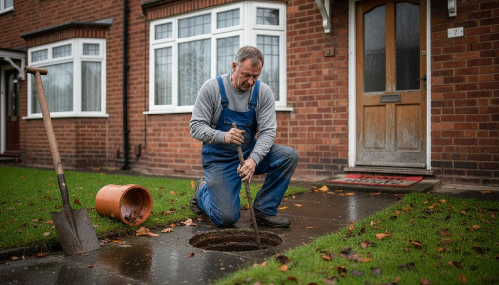 Plumber fixing outdoor drain in UK home garden