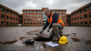 Engineer inspecting outdoor commercial drainage system