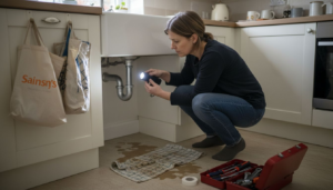 Homeowner inspecting drain beneath kitchen sink