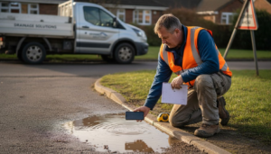 Contractor documenting drainage issue outdoors