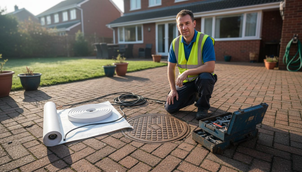 Plumber prepares drain relining on patio
