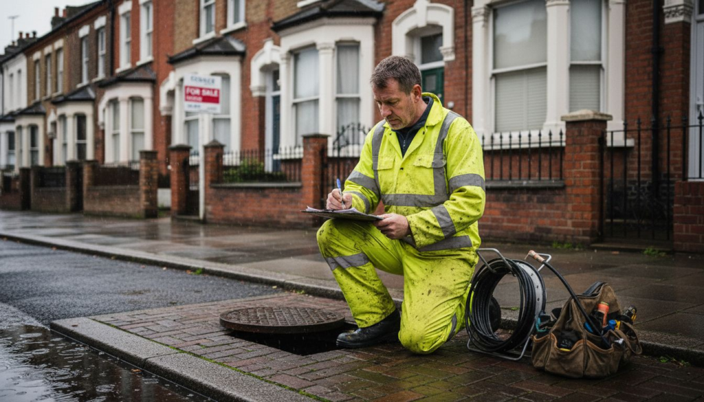 Drainage engineer inspects residential property site
