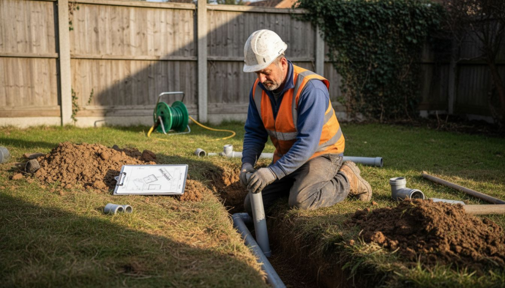 Drainage installer working beside open trench