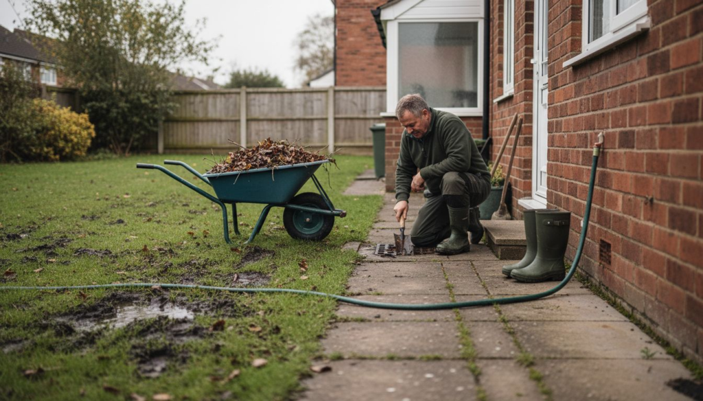 Homeowner checking blocked drain outside UK house
