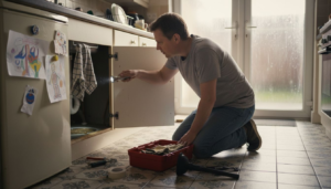 Homeowner inspecting kitchen sink emergency drainage