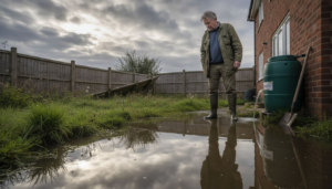 Homeowner observes flooded garden by foundation