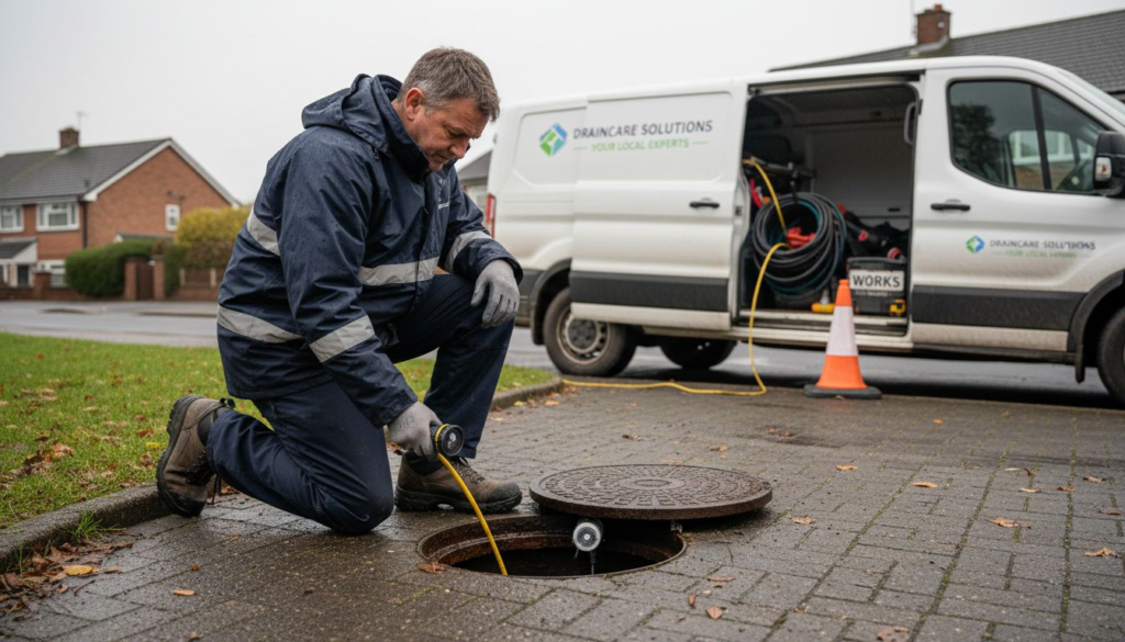 UK drainage contractor inspecting outdoor drain