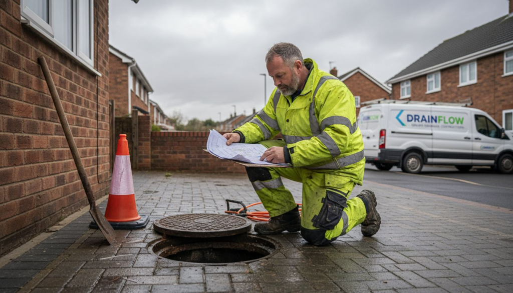 Contractor inspects outdoor manhole at UK house