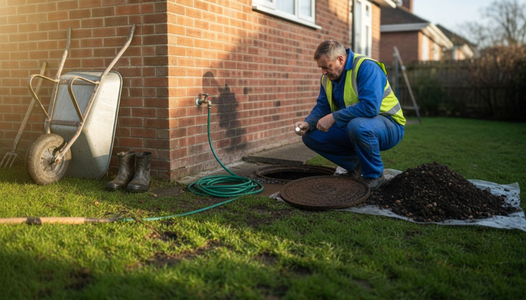 Technician inspecting residential drainage chamber
