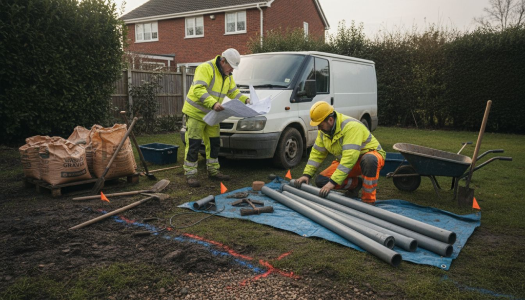 Drainage team prepping site with materials and tools
