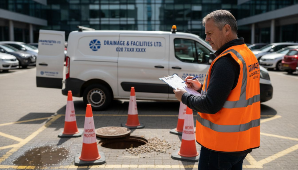 Manager inspecting manhole with checklist in car park