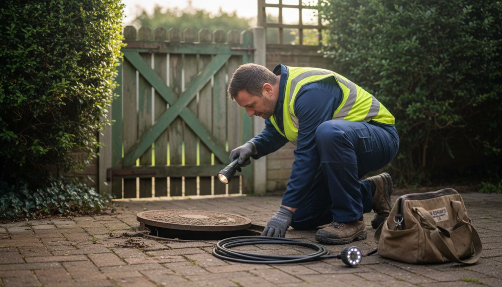 Technician inspecting outdoor drain access cover