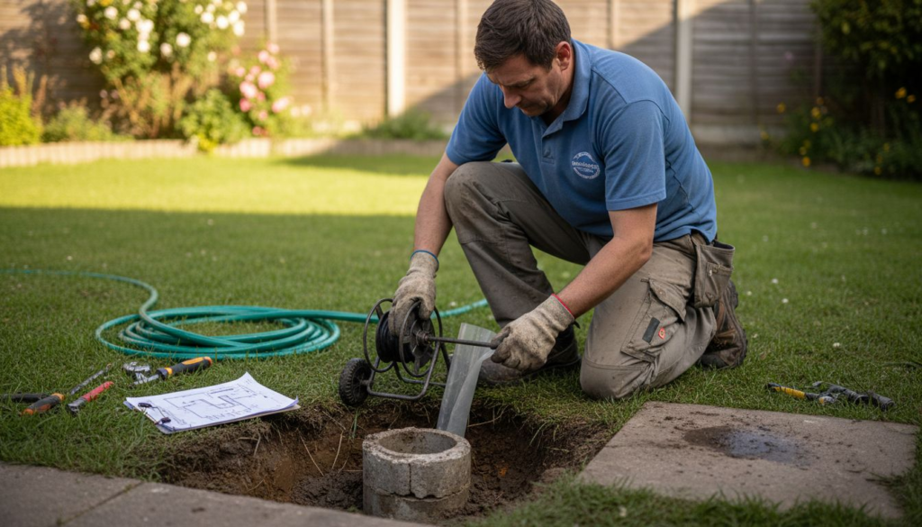 Technician preparing pipe for drain relining