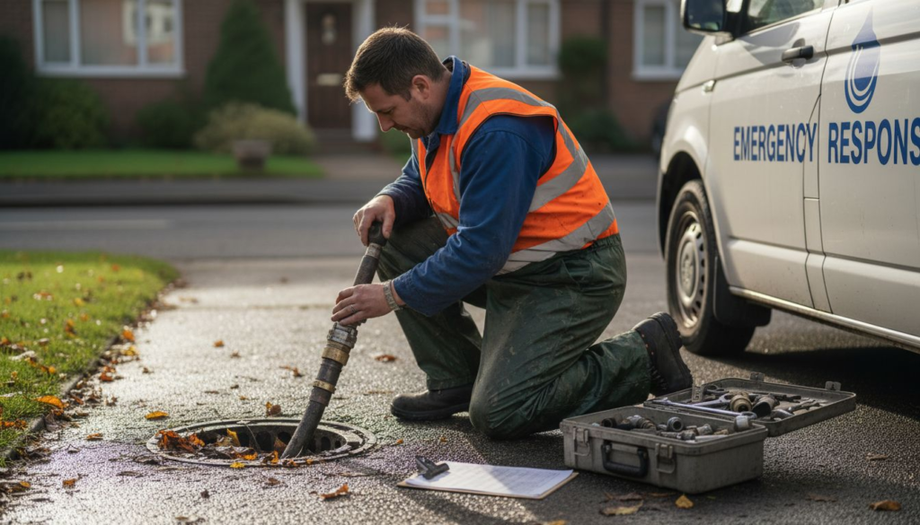 Drainage technician clearing blocked outdoor drain