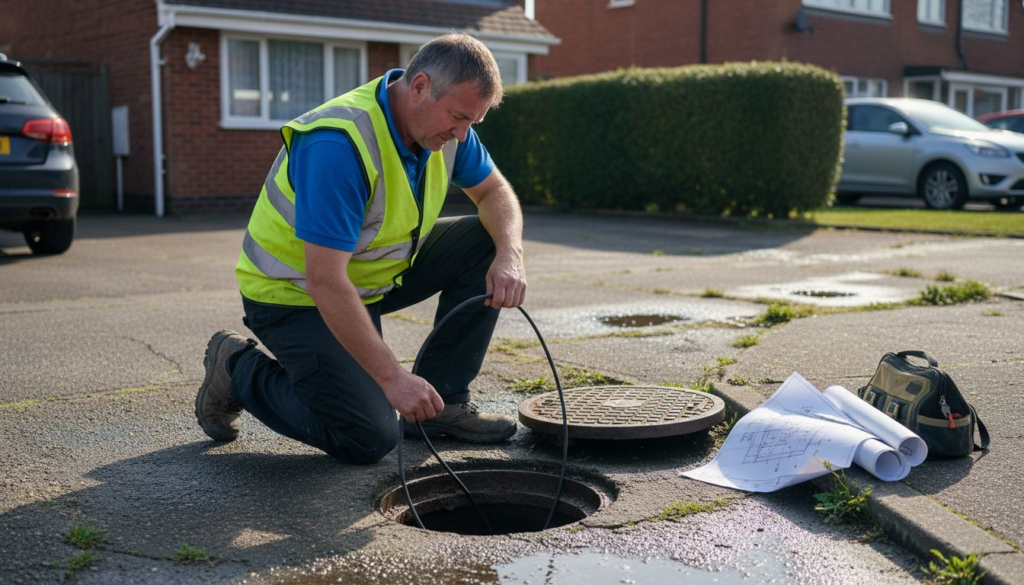 Engineer conducting drainage survey with CCTV equipment