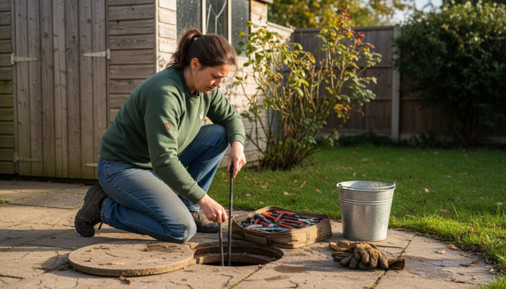 Homeowner preparing drain maintenance tools outdoors