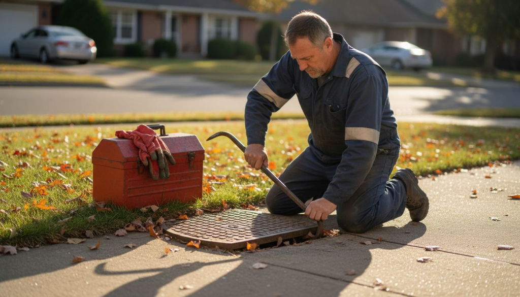 Worker maintaining drain at suburban home