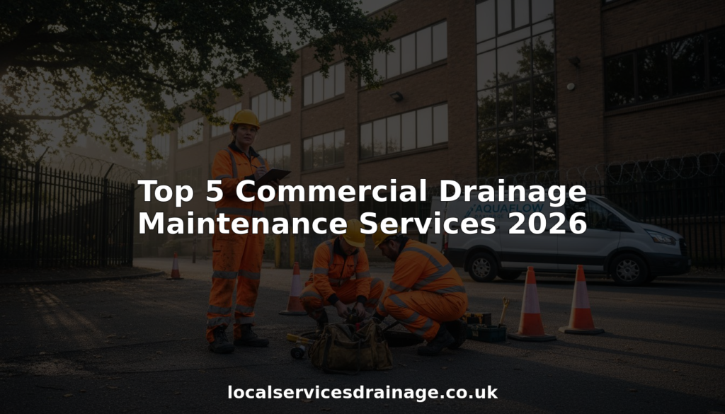 Team of commercial drainage engineers working outside building