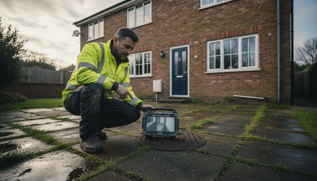Technician inspecting drain outside southern UK home