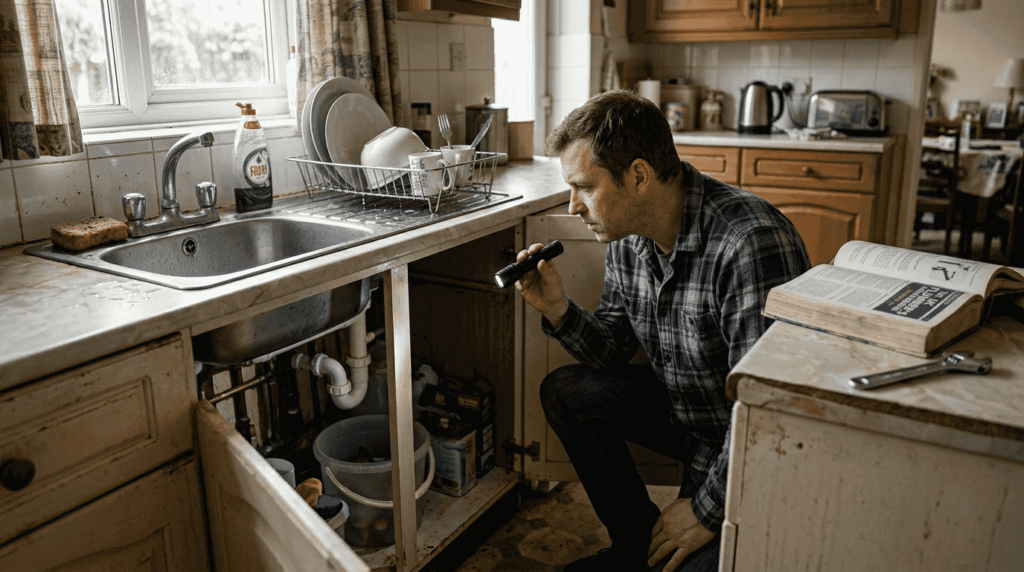 Homeowner inspecting under sink for blockage