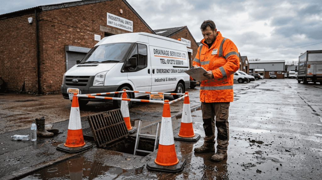 Drainage contractor surveys commercial outdoor drain