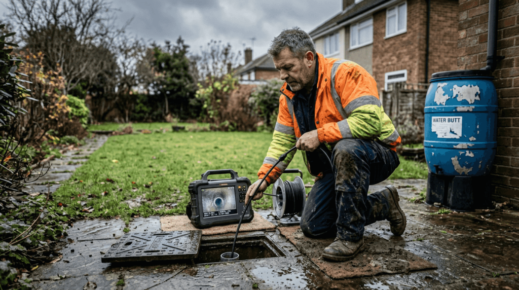Drainage inspector checks garden pipe for flood risk