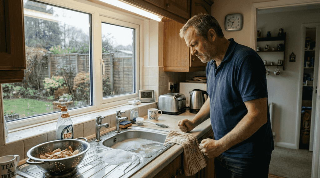 Man checking slow draining UK kitchen sink
