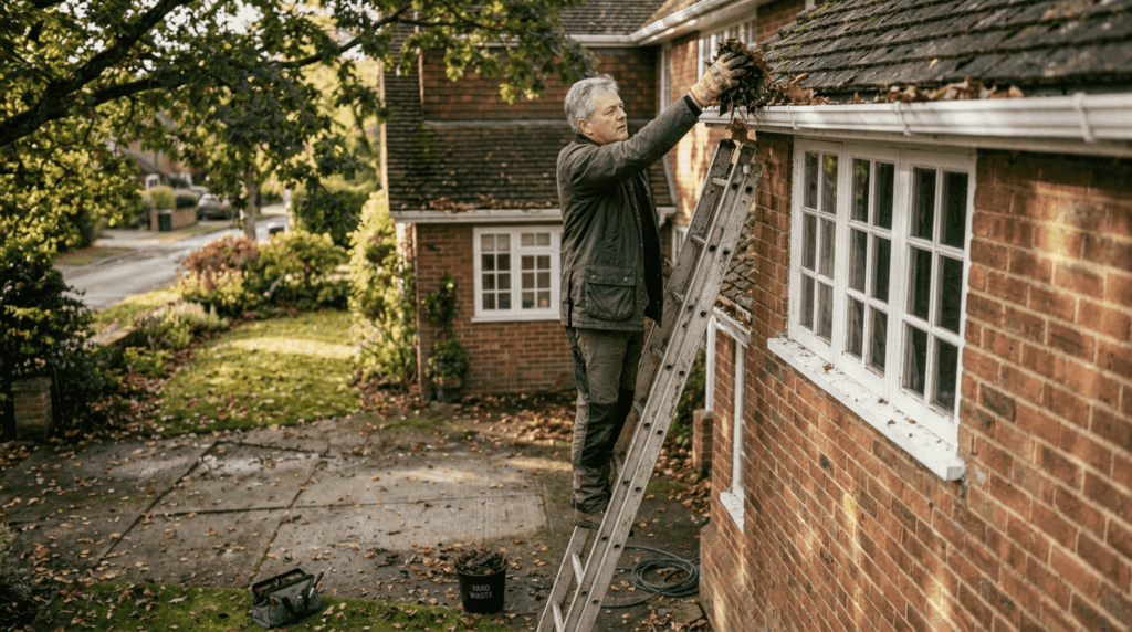 Person cleaning house gutter with ladder and bucket