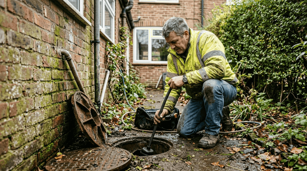 Plumber clearing outdoor drain blockage