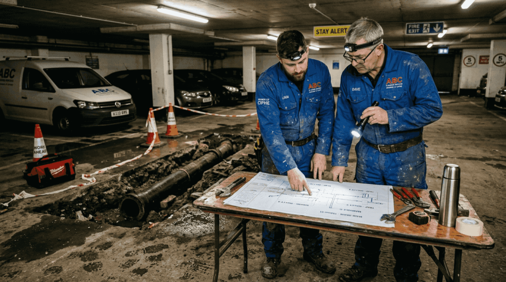 Plumbers assessing commercial drain repair blueprint