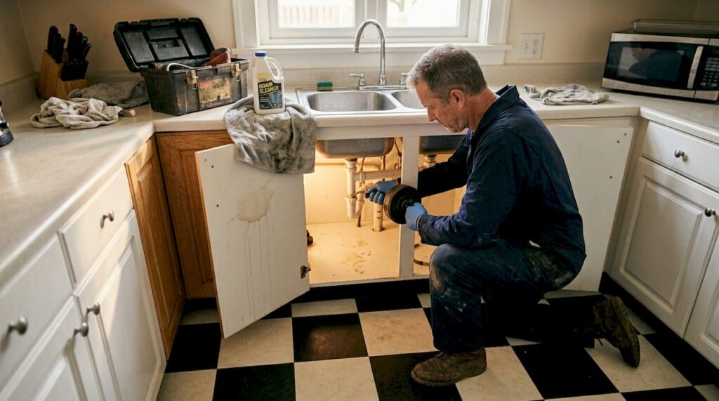Plumber using auger to unblock household kitchen drain