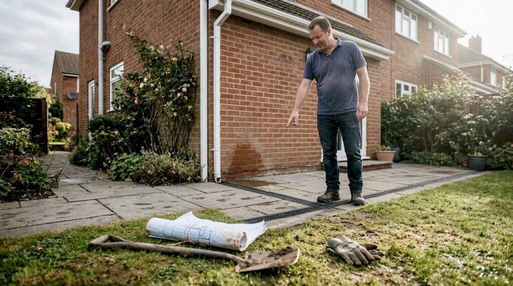 Homeowner inspecting garden drainage channel