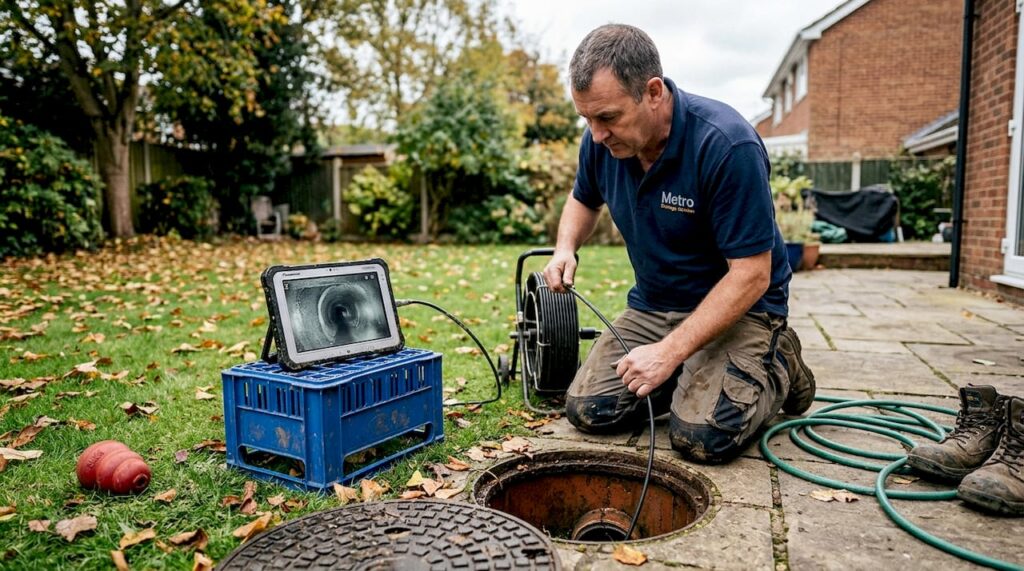 Drainage engineer inspecting outdoor drain with CCTV