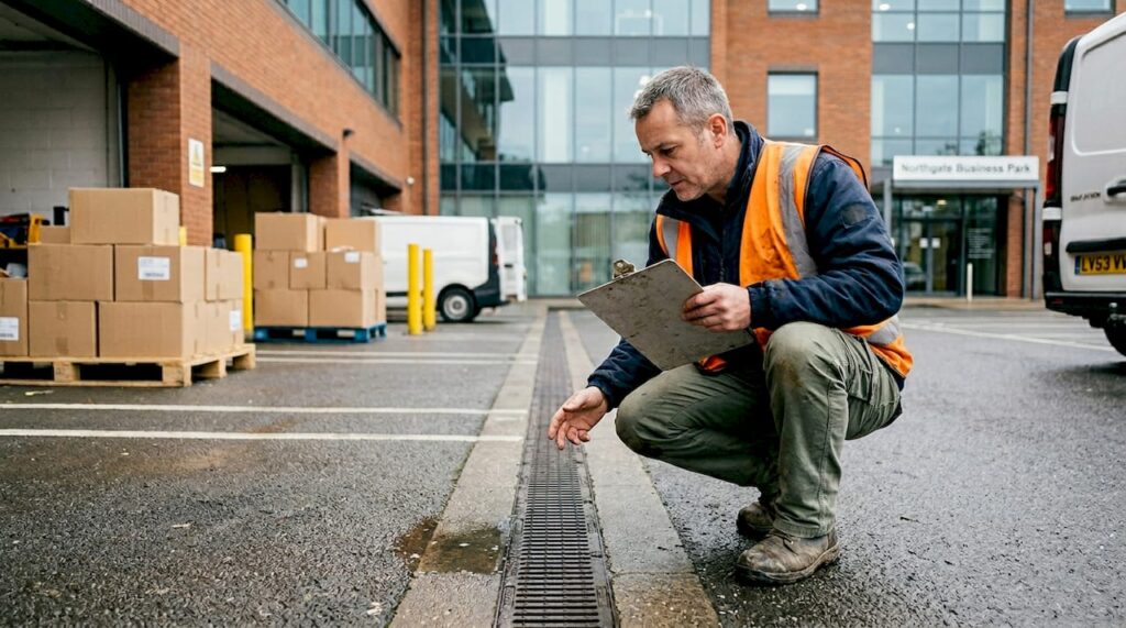 Drainage expert checks office loading bay system