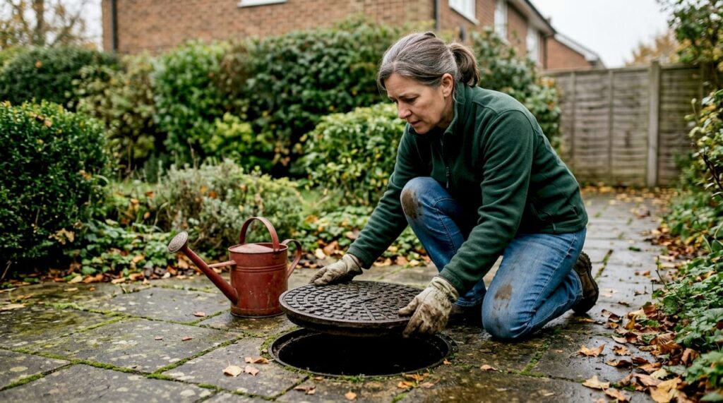Homeowner inspecting blocked garden drain cover