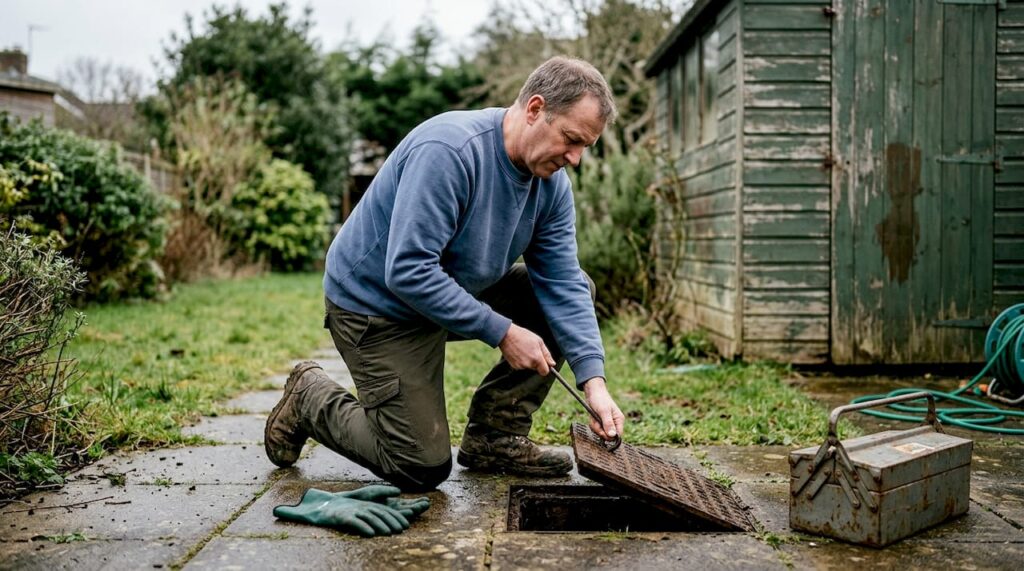 Homeowner inspecting garden drain for repairs