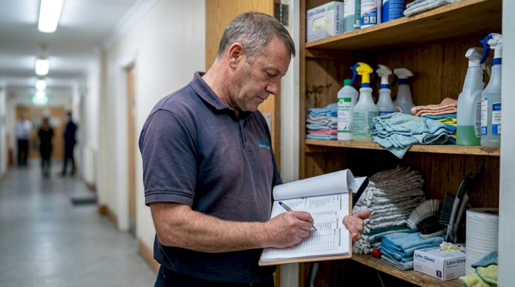 Facility manager reviewing drainage checklist in office corridor