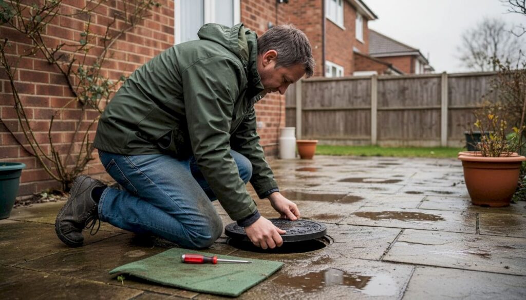 Homeowner checking garden drain cover
