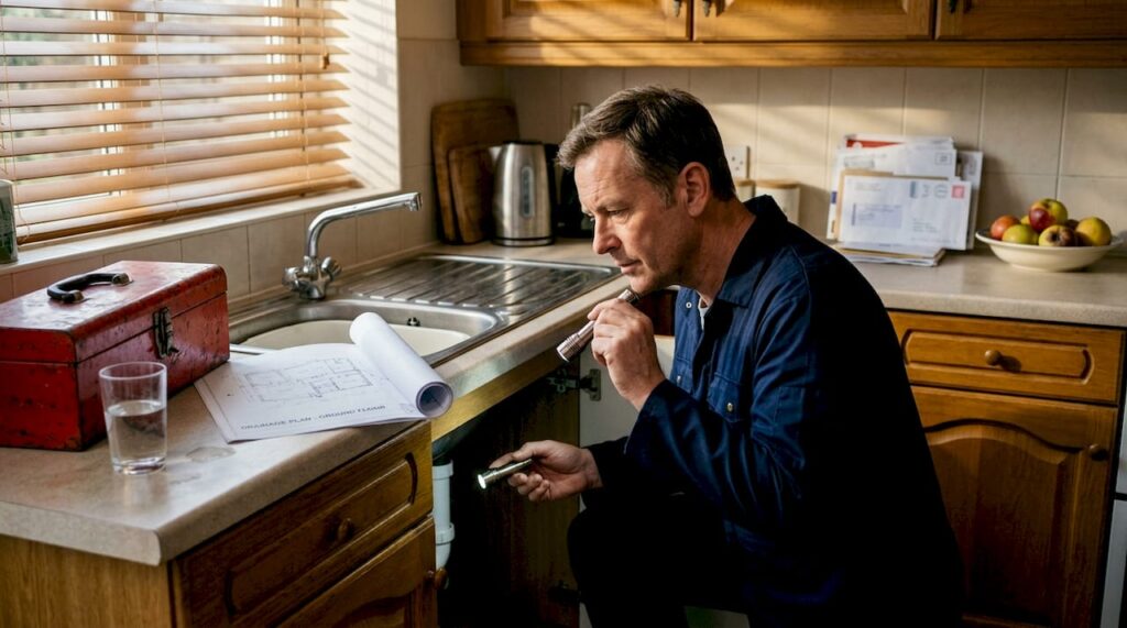 Drainage technician inspecting pipes in kitchen