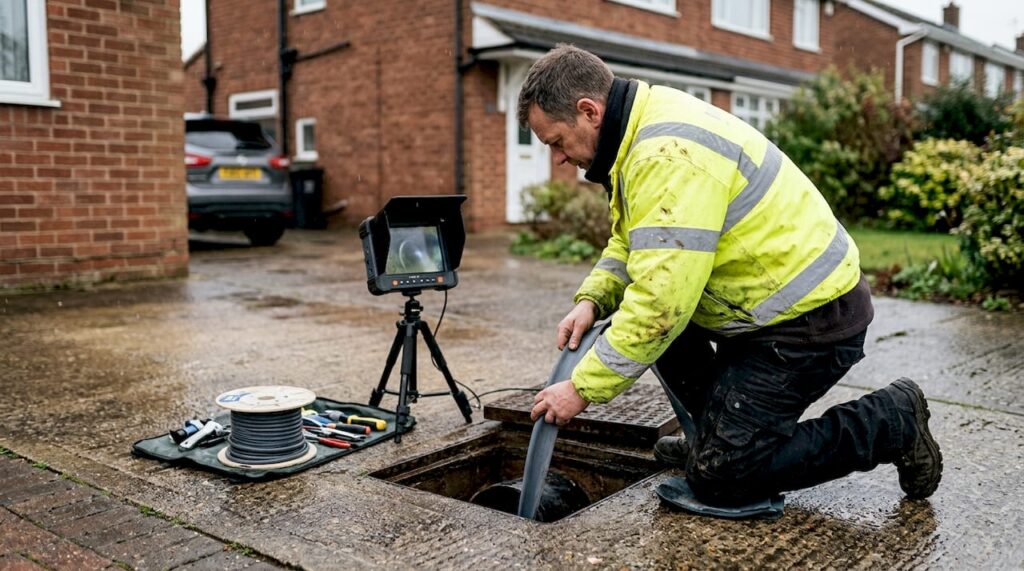 Drain contractor relining pipe in British driveway