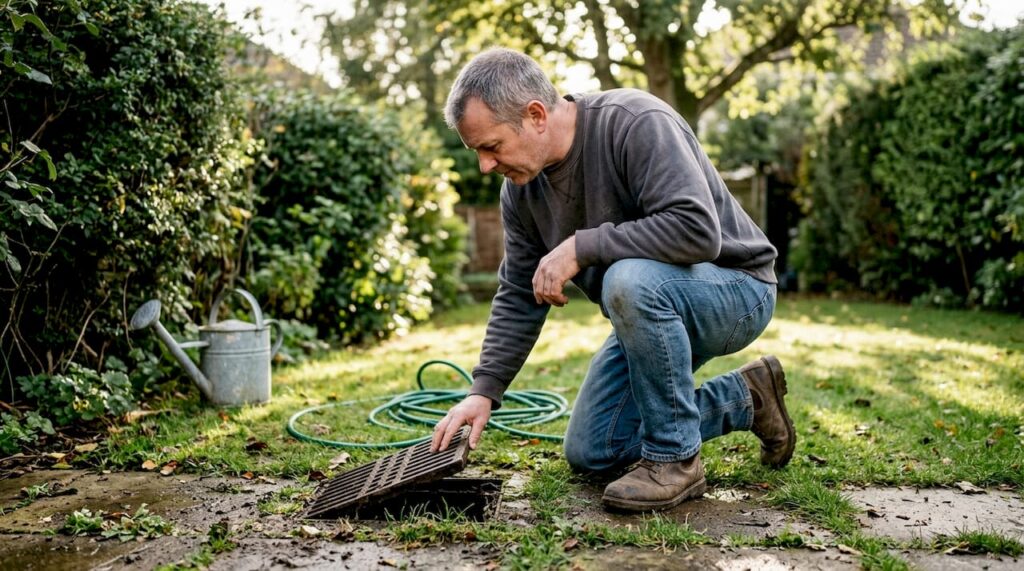 Homeowner checks outdoor drain grate