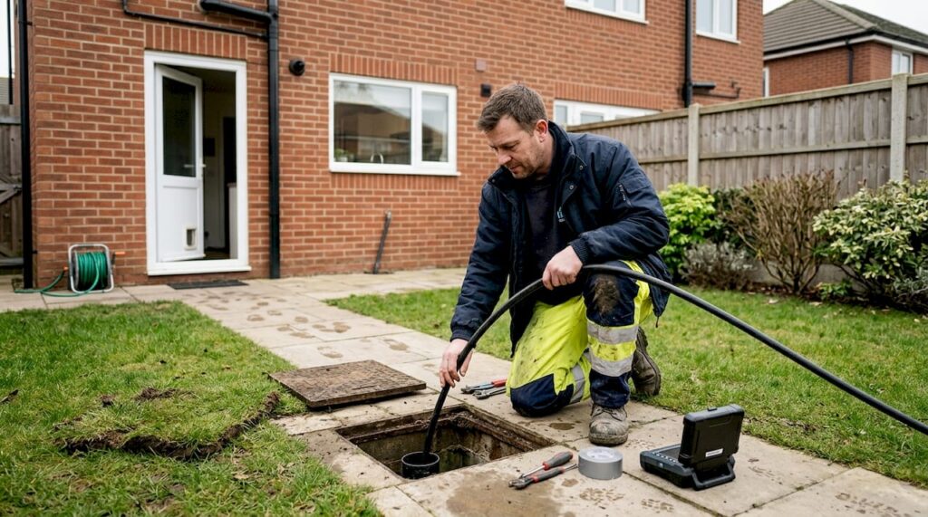 Engineer relining drain in a UK garden