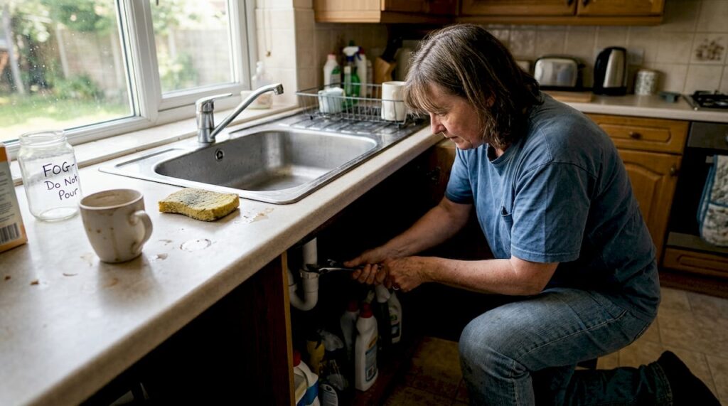 Homeowner repairing blocked kitchen drain